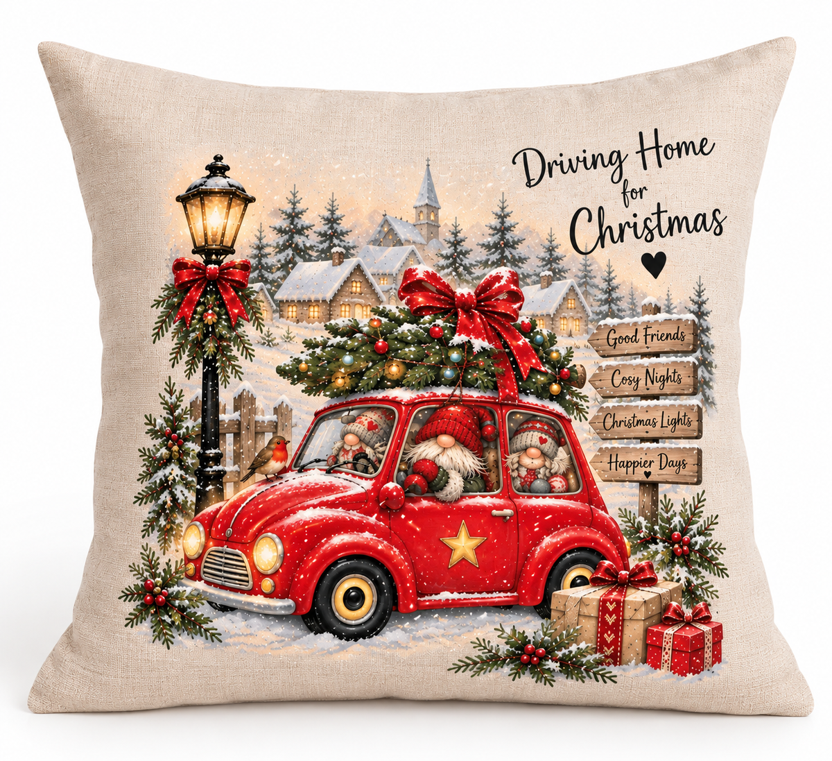 Driving Home for Christmas Gnome Cushion – 40cm Linen Christmas Cushion – Festive Red Car & Gnomes