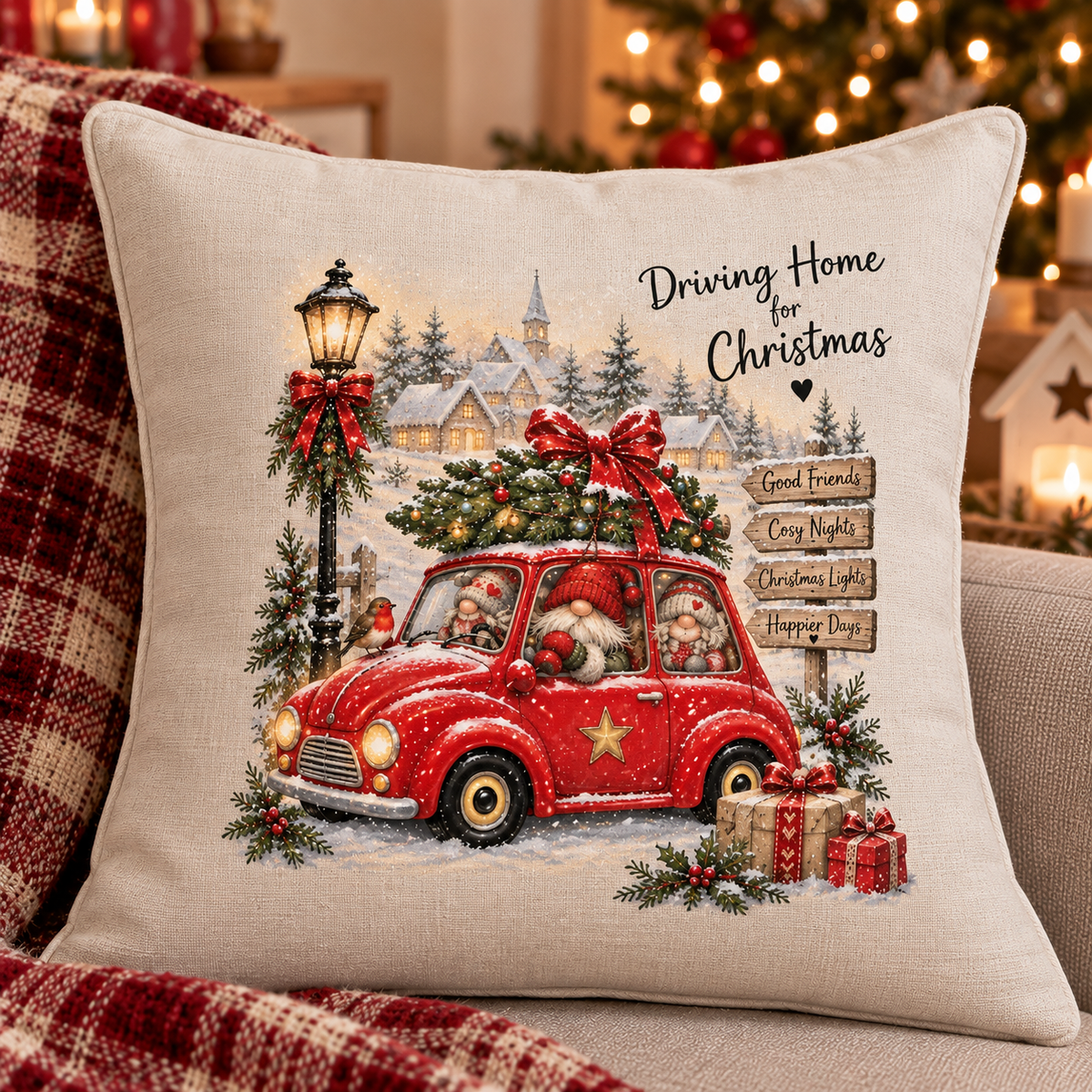 Driving Home for Christmas Gnome Cushion – 40cm Linen Christmas Cushion – Festive Red Car & Gnomes