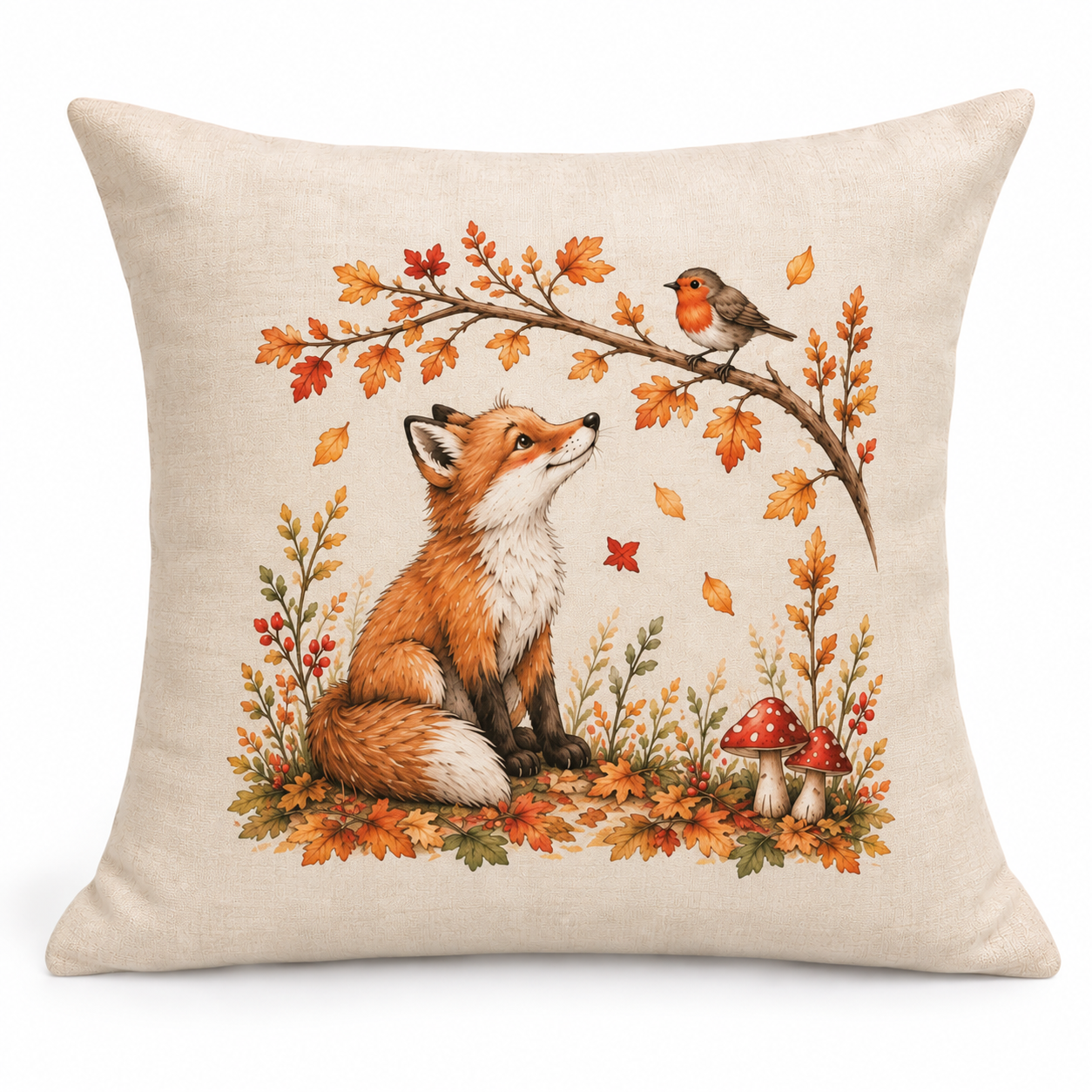 The Fox & The Robin – Woodland Autumn Linen Cushion