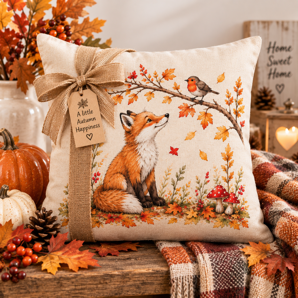 The Fox & The Robin – Woodland Autumn Linen Cushion