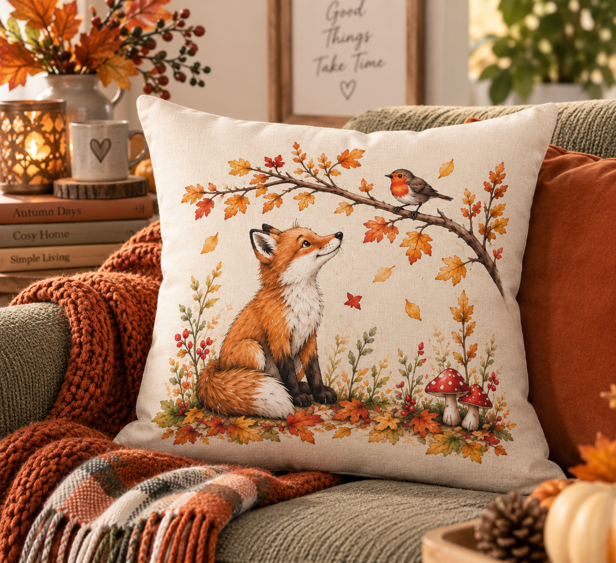 The Fox & The Robin – Woodland Autumn Linen Cushion