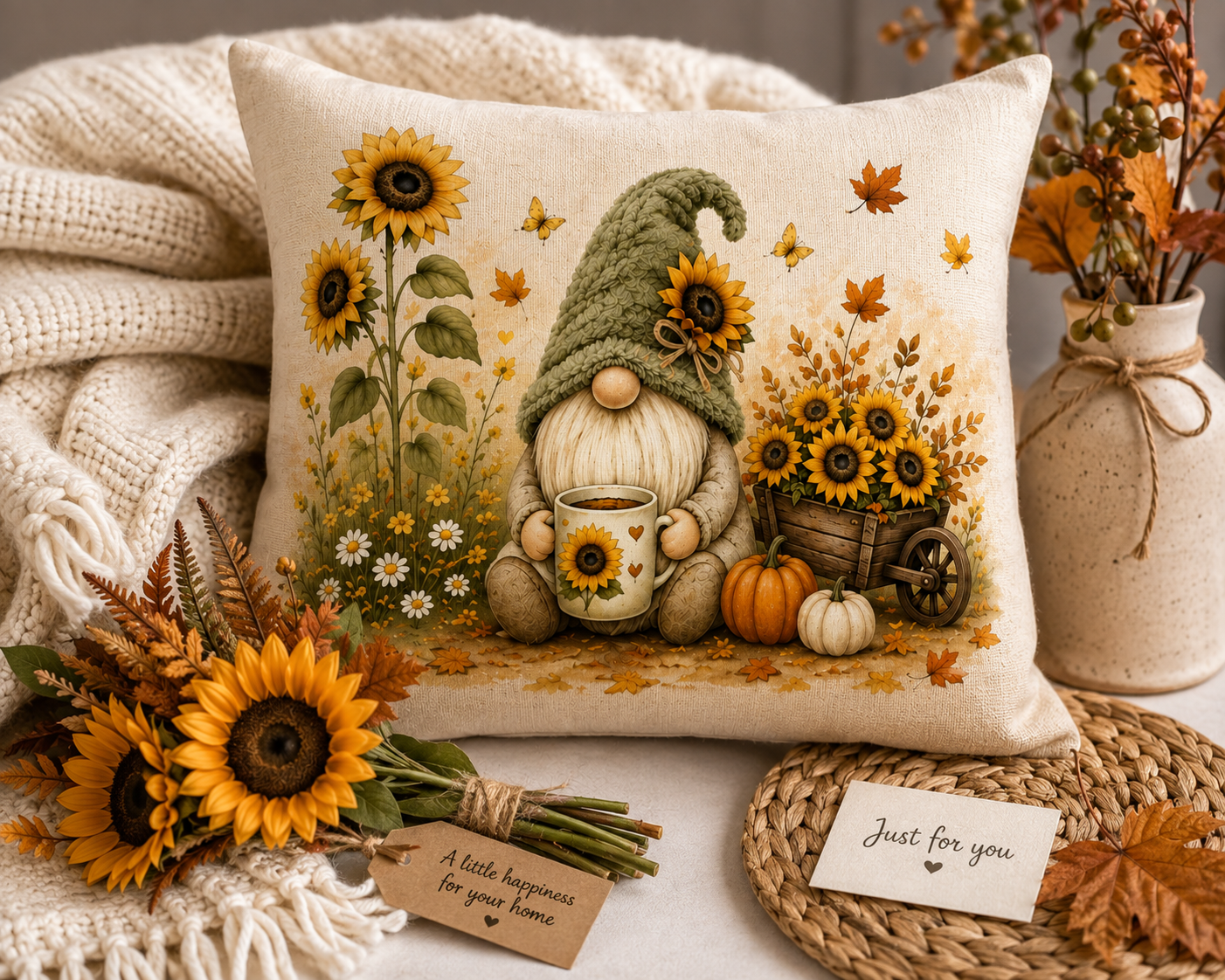 Autumn Sunflower Gnome Cushion – 40 x 40cm
