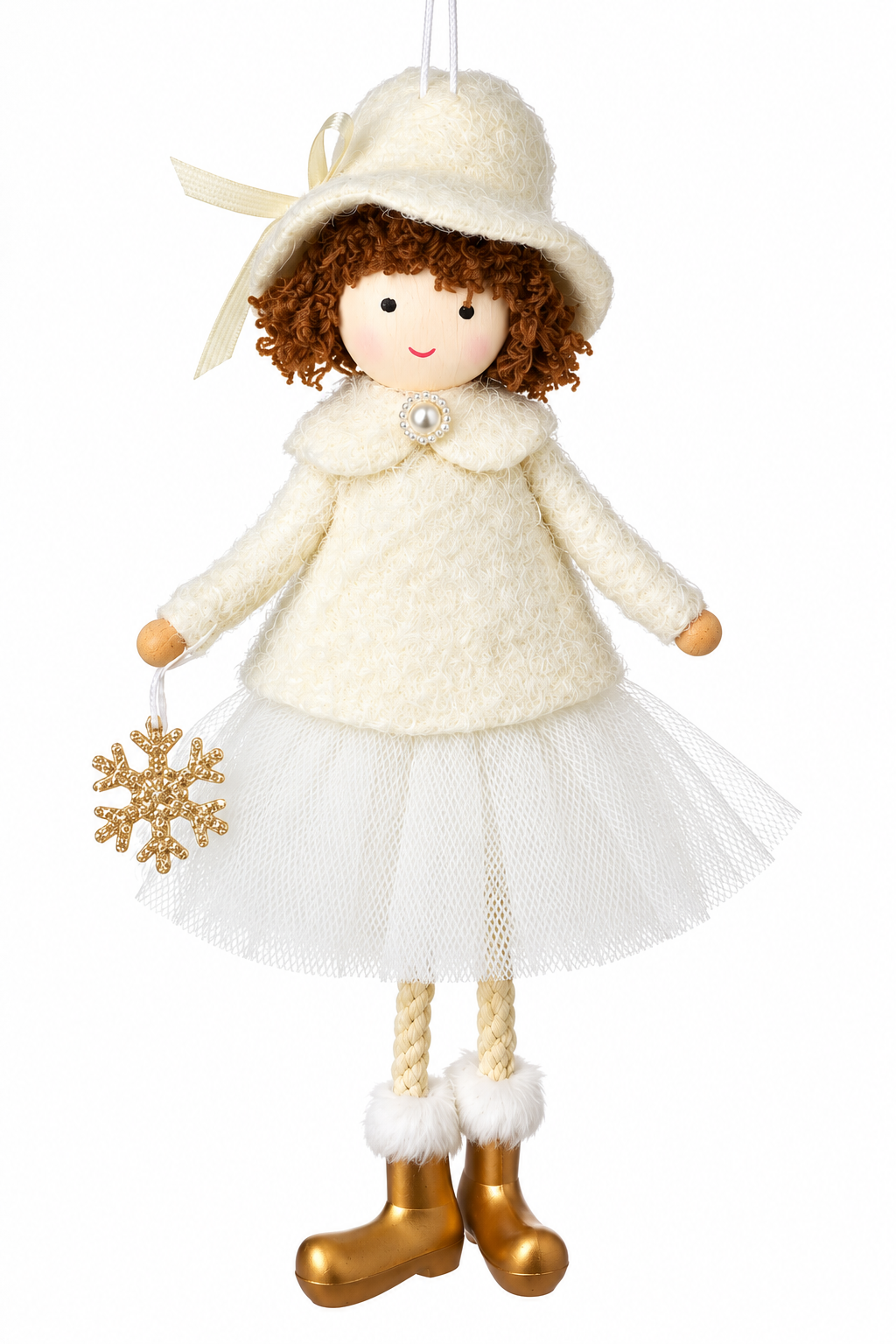 Christmas Girl Decoration, Hanging 19cm Doll, Soft-Textured Cream or Pink