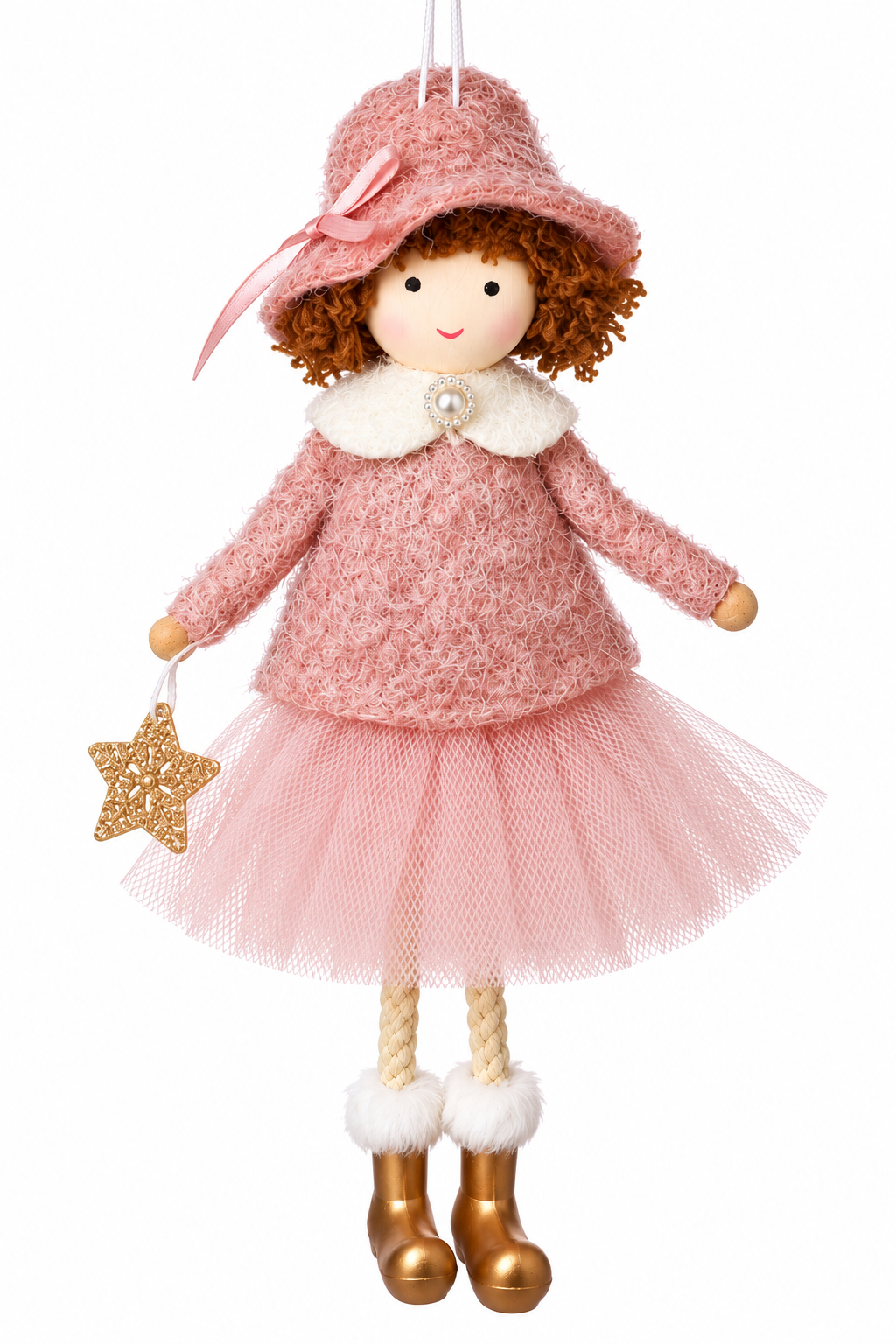 Christmas Girl Decoration, Hanging 19cm Doll, Soft-Textured Cream or Pink