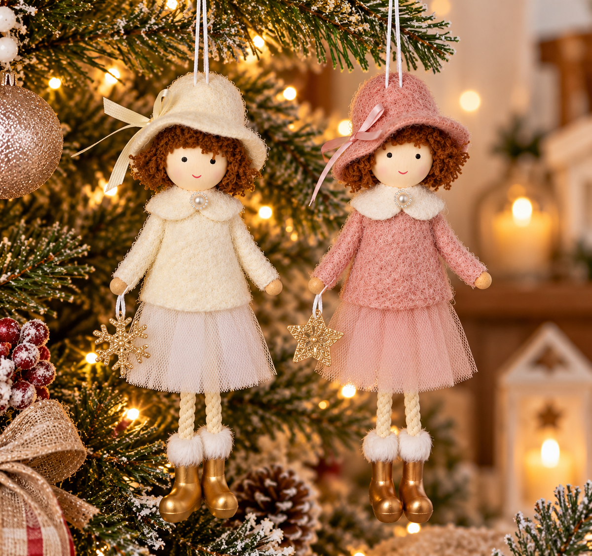 Christmas Girl Decoration, Hanging 19cm Doll, Soft-Textured Cream or Pink
