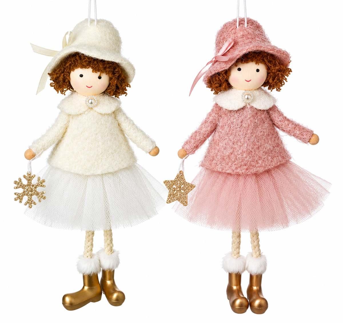 Christmas Girl Decoration, Hanging 19cm Doll, Soft-Textured Cream or Pink