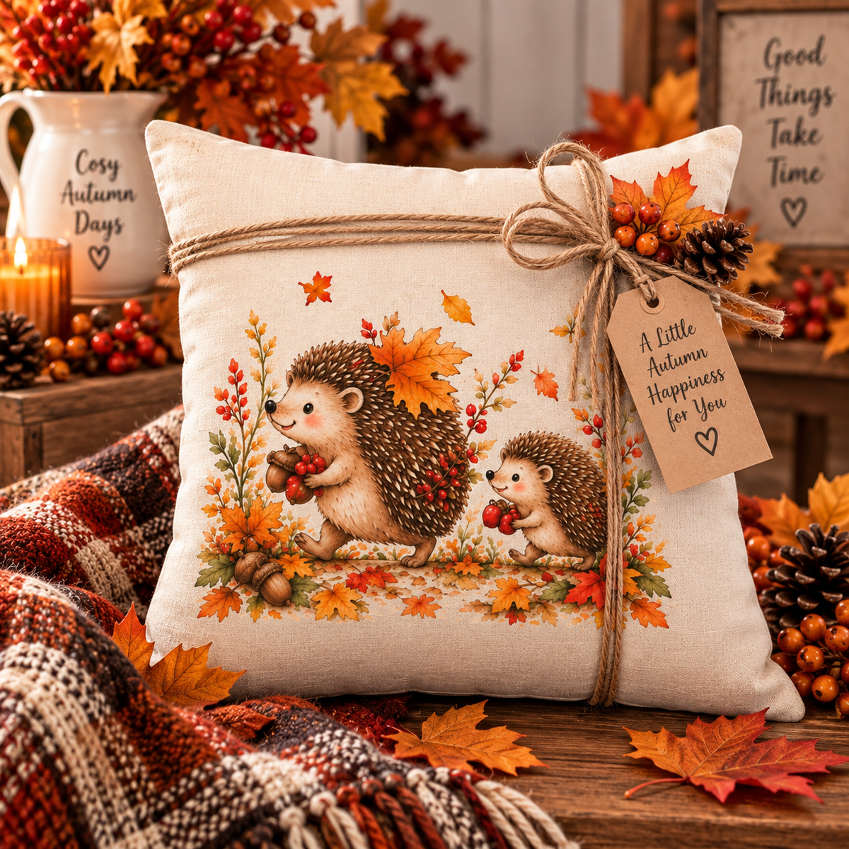 Hedgehog’s Autumn Haul Linen Cushion | Hedgehog Autumn Cushion | Woodland Home Decor | Cosy Autumn Gift