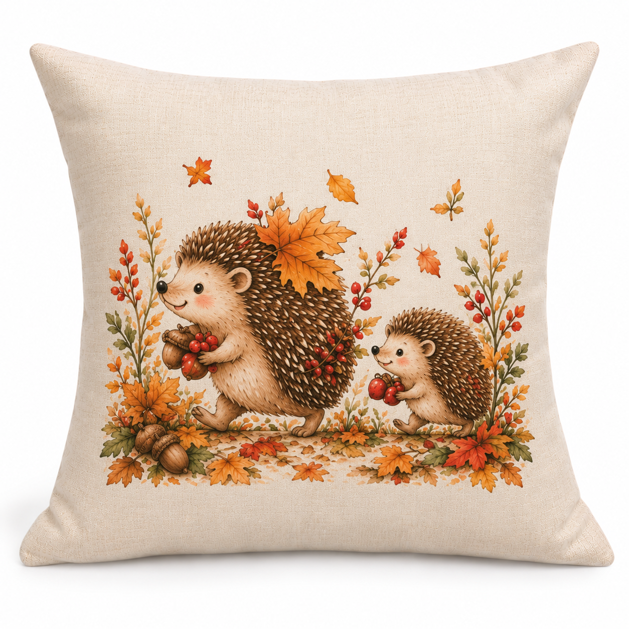 Hedgehog’s Autumn Haul Linen Cushion | Hedgehog Autumn Cushion | Woodland Home Decor | Cosy Autumn Gift