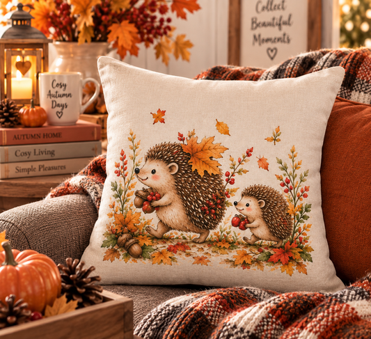 Hedgehog’s Autumn Haul Linen Cushion | Hedgehog Autumn Cushion | Woodland Home Decor | Cosy Autumn Gift