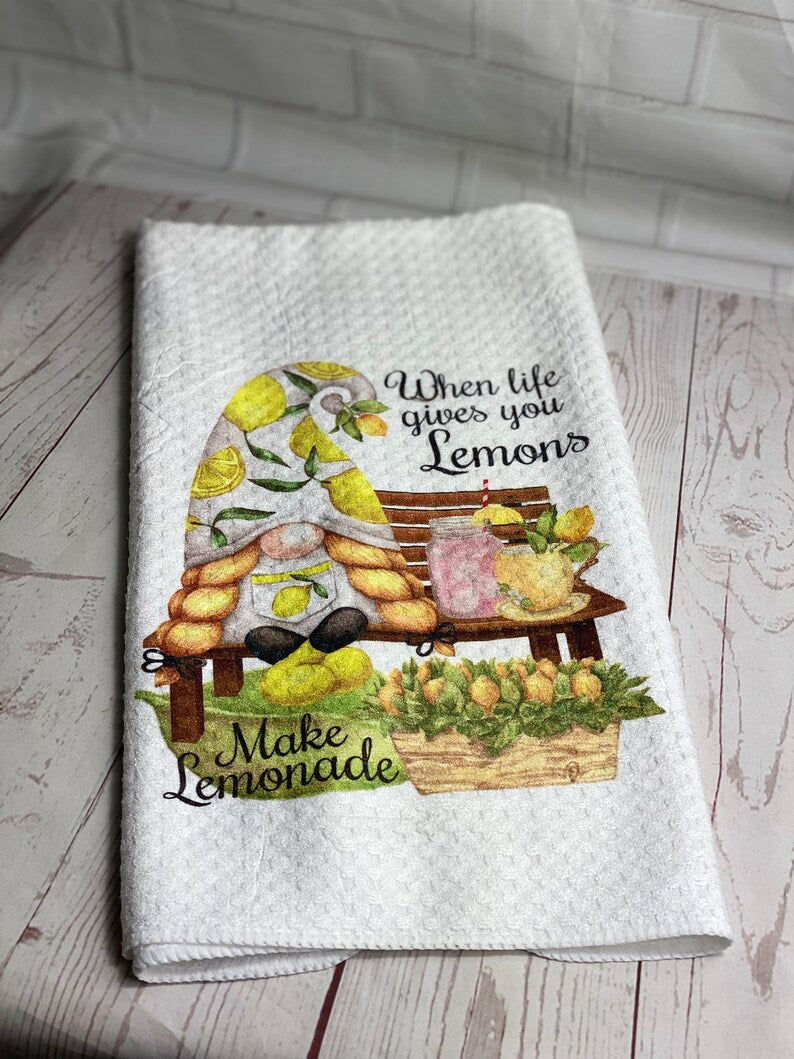 Handmade Waffle Weave Lemonade Gnome Tea Towel, Nordic, Gonk, Swedish Tomte