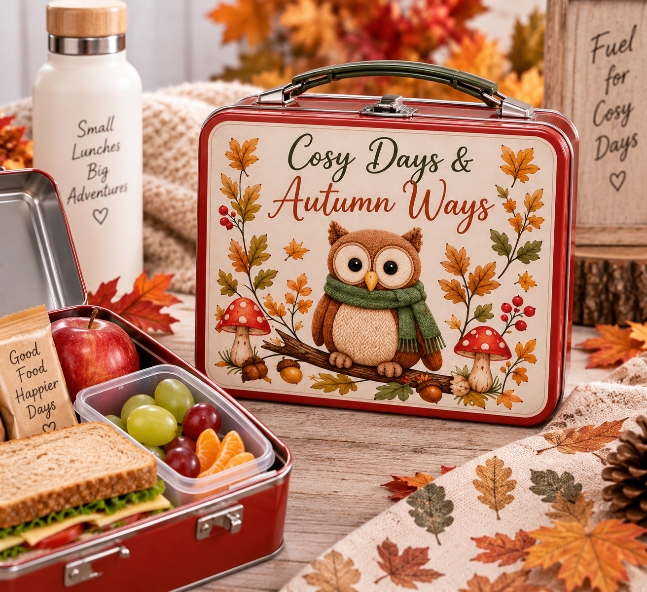 Cosy Days & Autumn Ways – Woodland Owl Metal Lunch Tin  Exclusive to Forever Gnomes UK