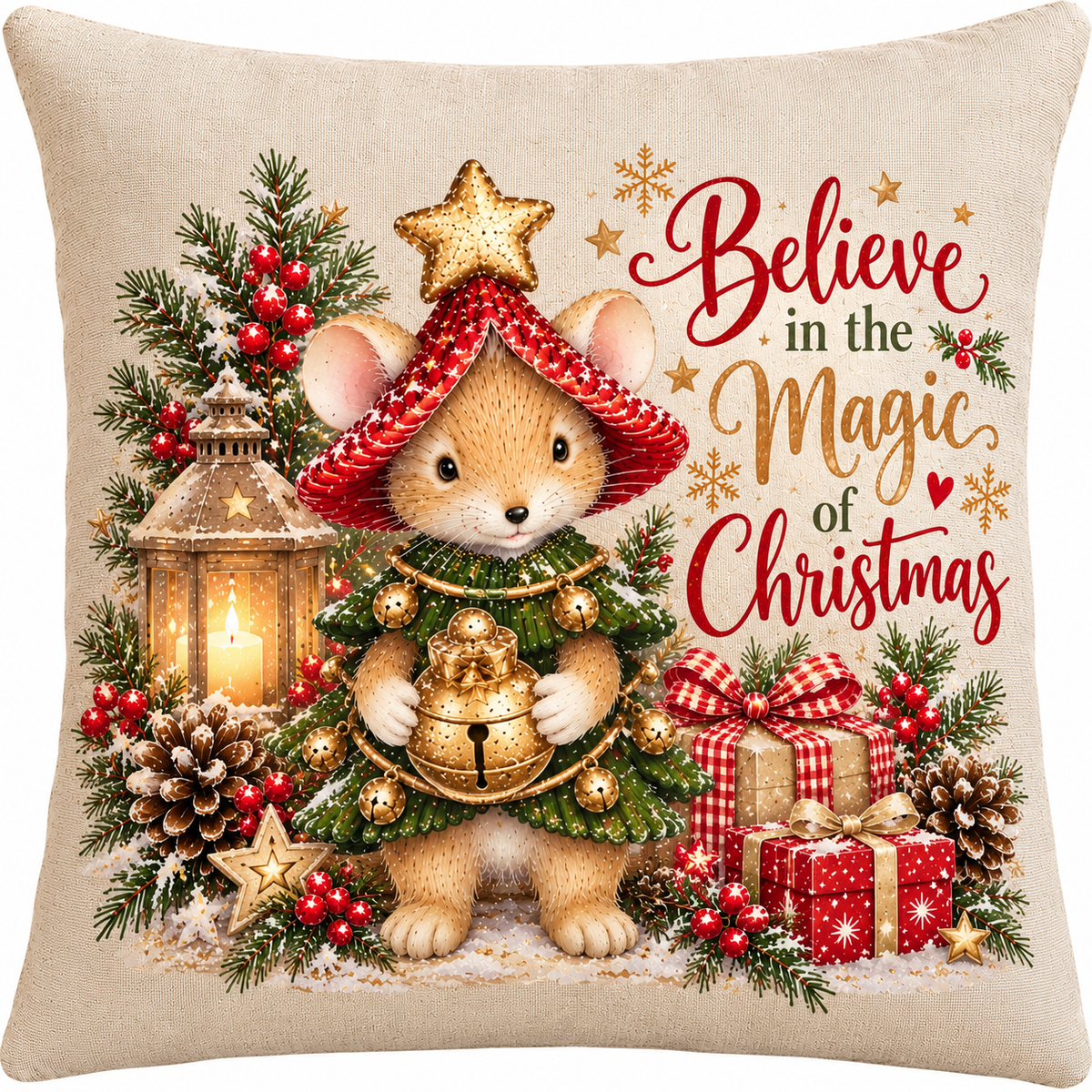 Christmas Mouse Cushion 40x40cm | Believe in the Magic of Christmas | Woodland Christmas Linen Cushion | Festive Sofa Decor
