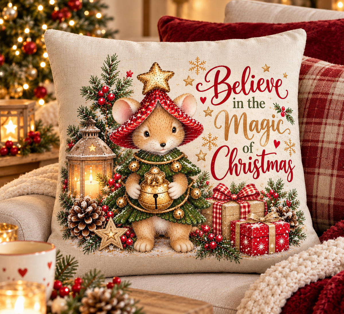 Christmas Mouse Cushion 40x40cm | Believe in the Magic of Christmas ...