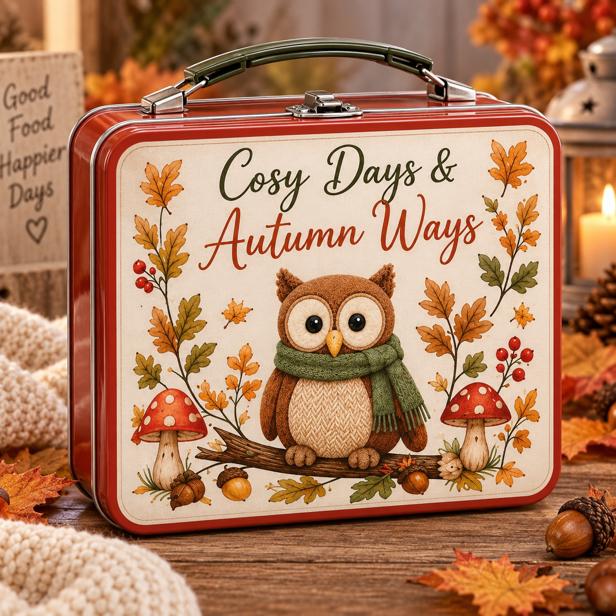 Cosy Days & Autumn Ways – Woodland Owl Metal Lunch Tin  Exclusive to Forever Gnomes UK