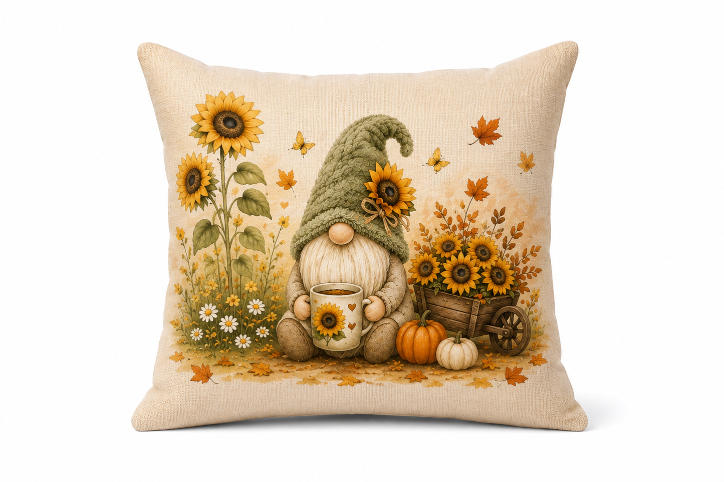 Autumn Sunflower Gnome Cushion – 40 x 40cm