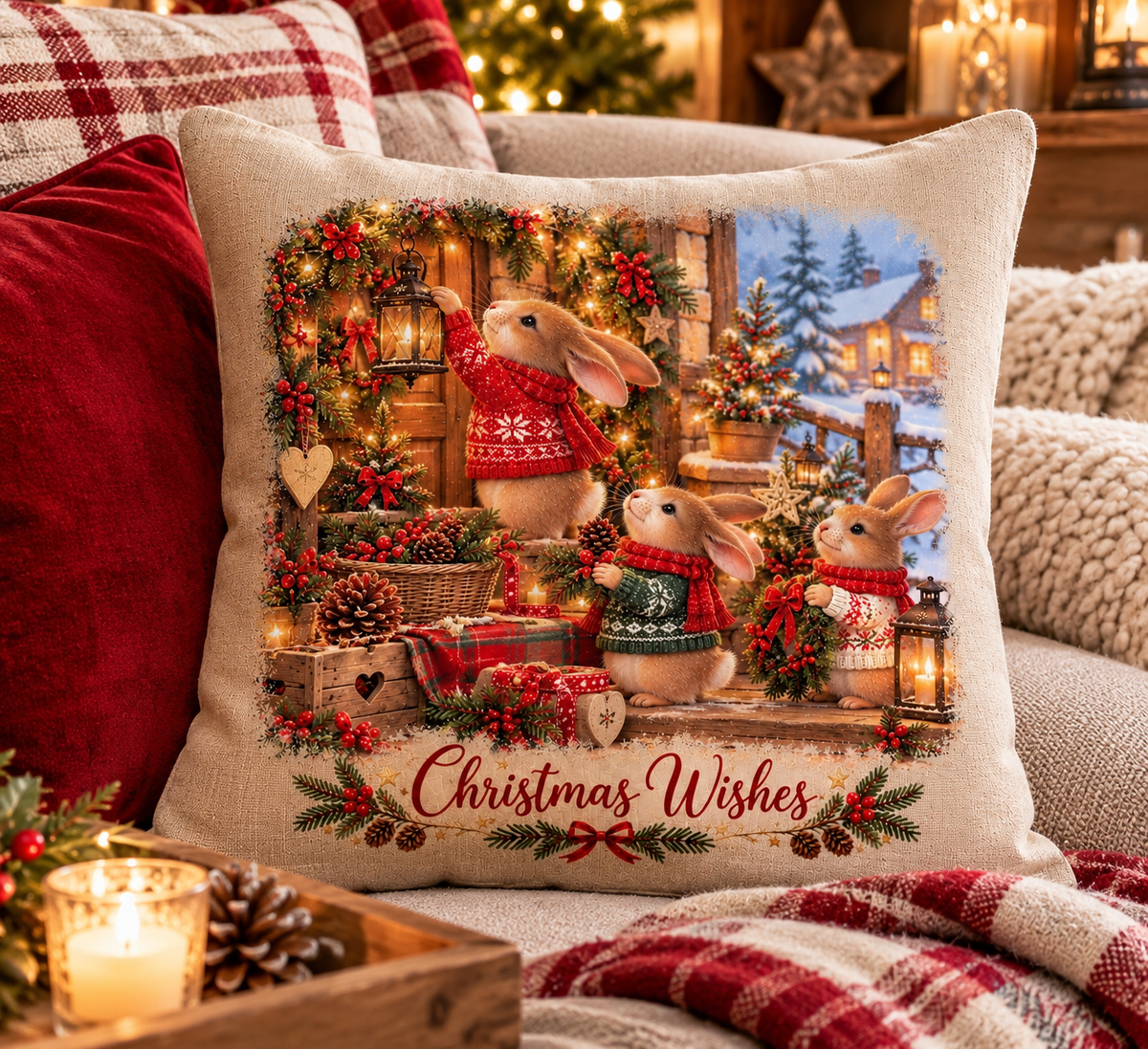 Christmas Rabbit Cushion | Christmas Wishes | 40x40cm Linen Cushion | Festive Woodland Decor