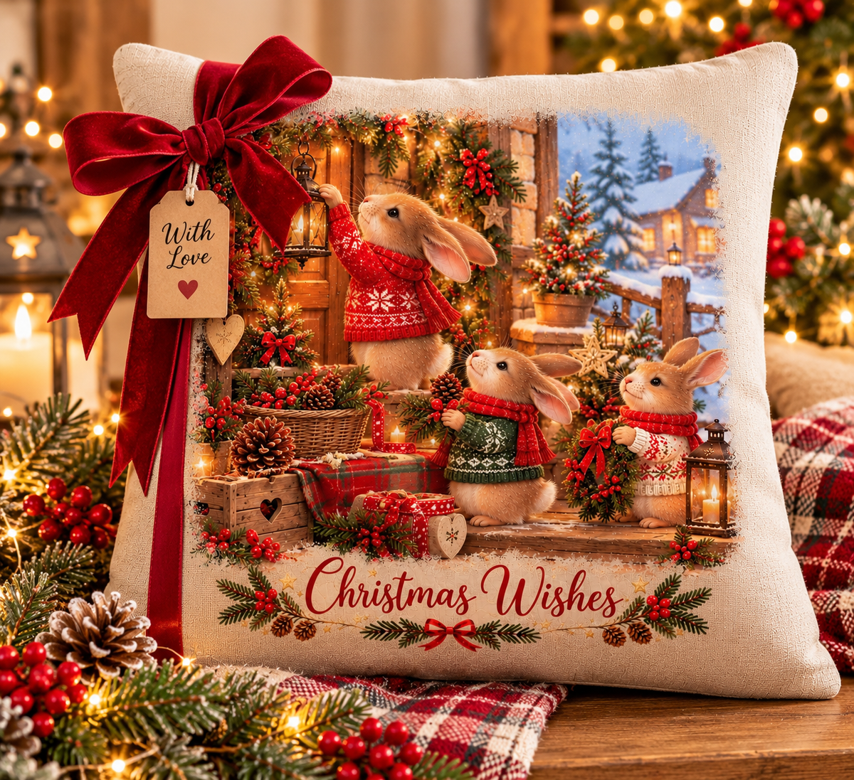 Christmas Rabbit Cushion | Christmas Wishes | 40x40cm Linen Cushion | Festive Woodland Decor