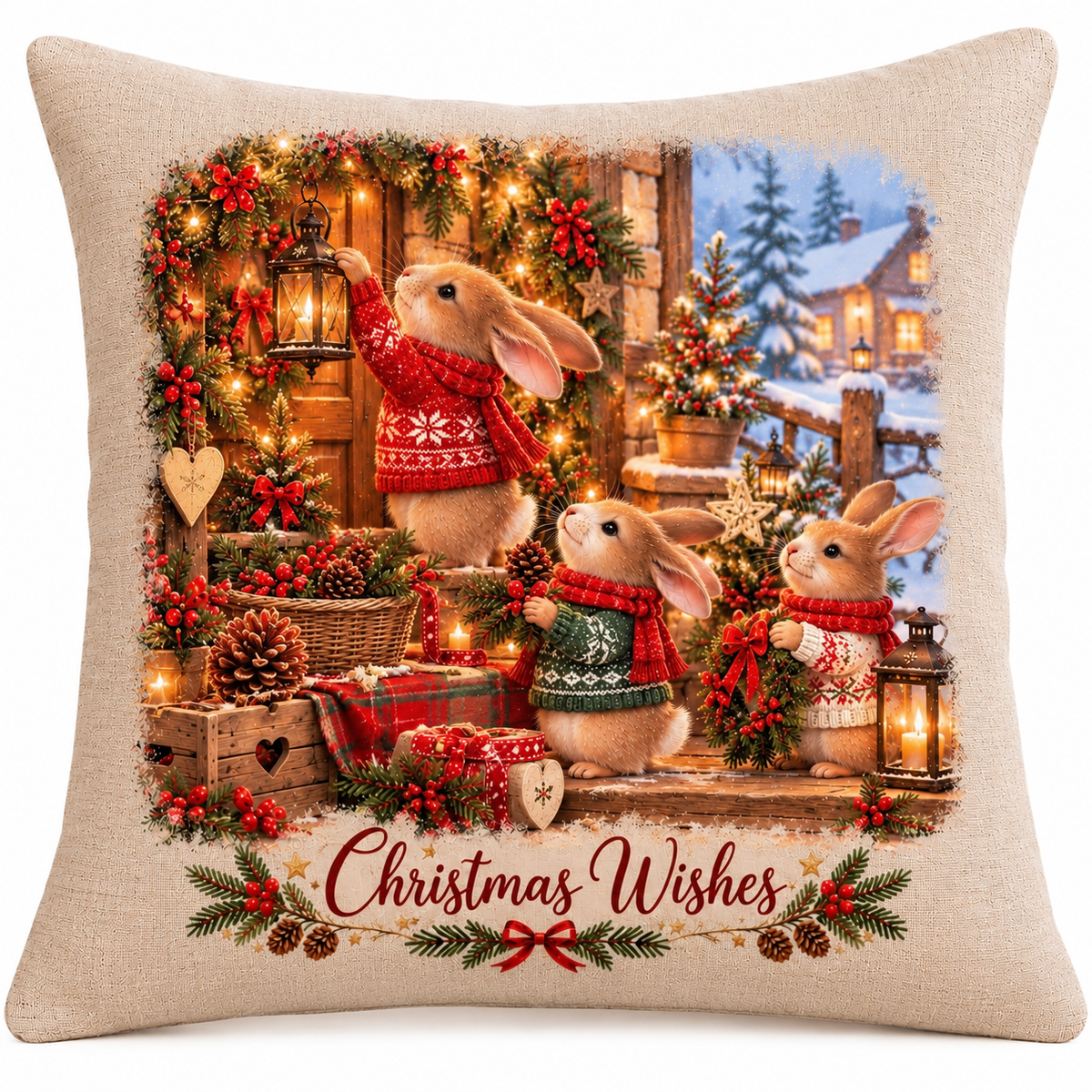 Christmas Rabbit Cushion | Christmas Wishes | 40x40cm Linen Cushion | Festive Woodland Decor