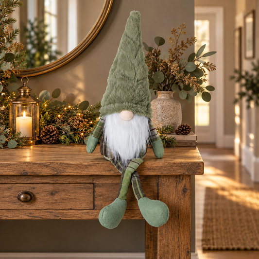 Sage Green Tartan Shelf-Sitting Gnome – 52cm Autumn and Christmas Decoration