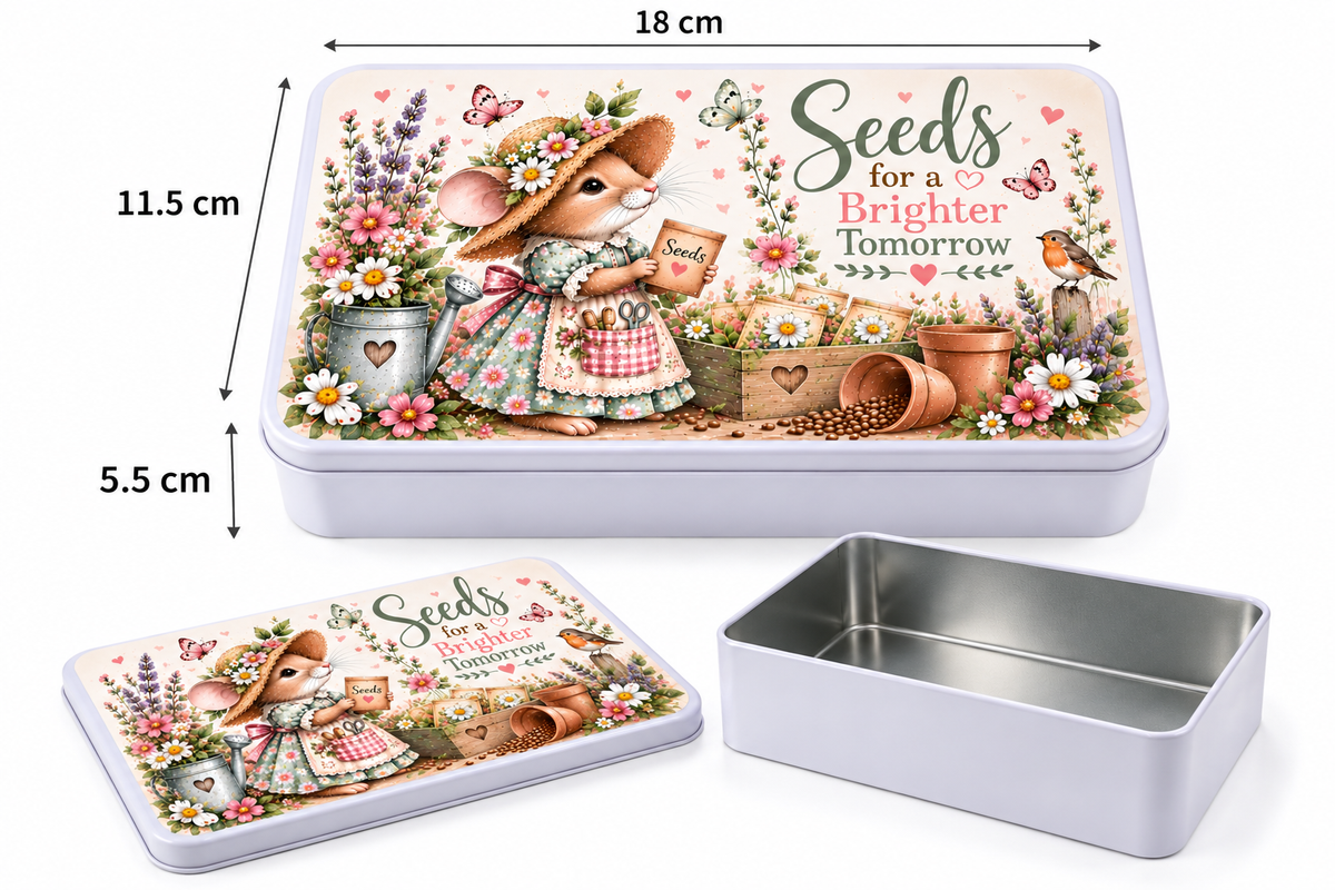 Forever Gnomes UK Storage Tin: 18cm x 11.5cm, Floral Mouse Artwork