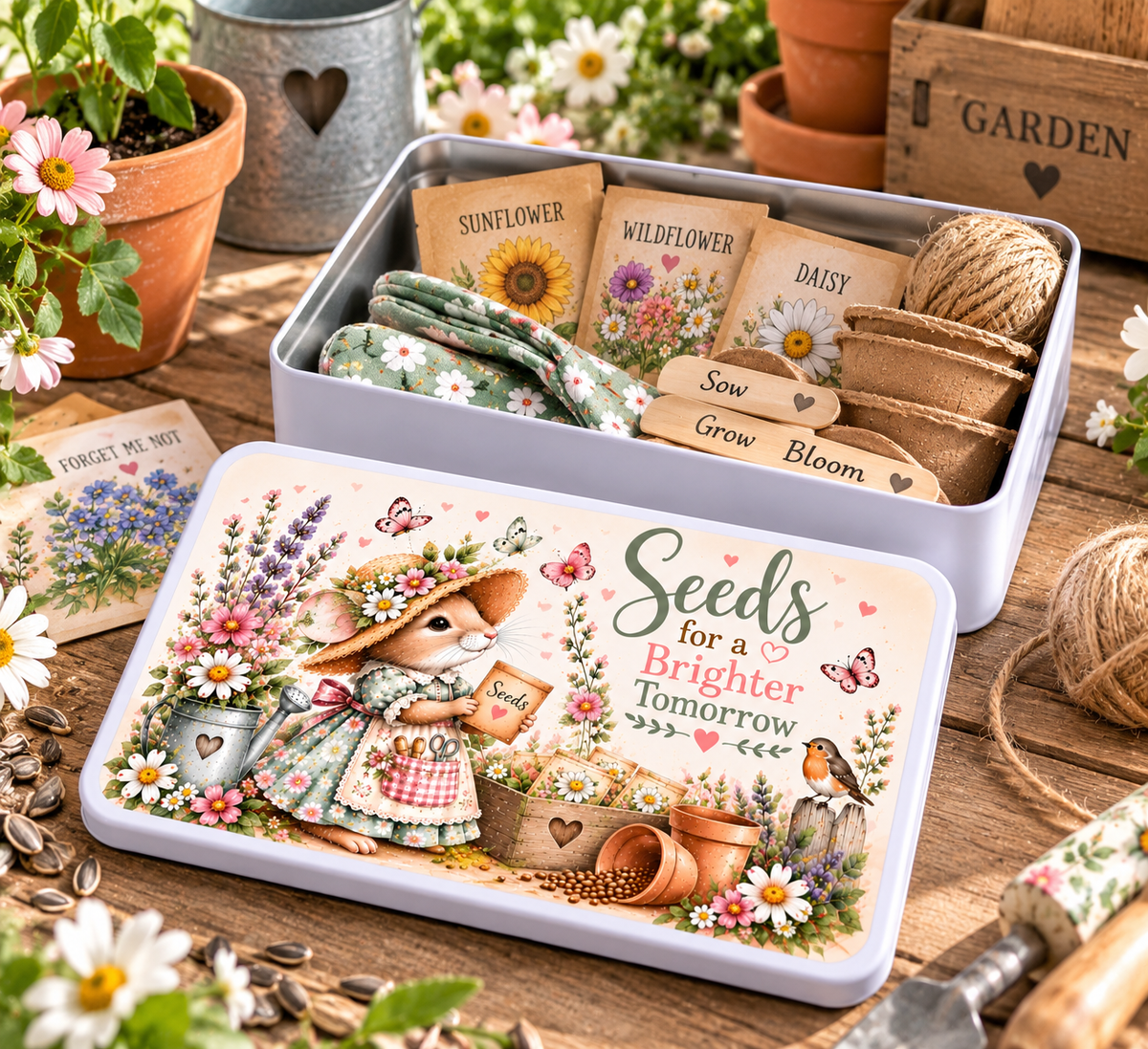 Forever Gnomes UK Storage Tin: 18cm x 11.5cm, Floral Mouse Artwork