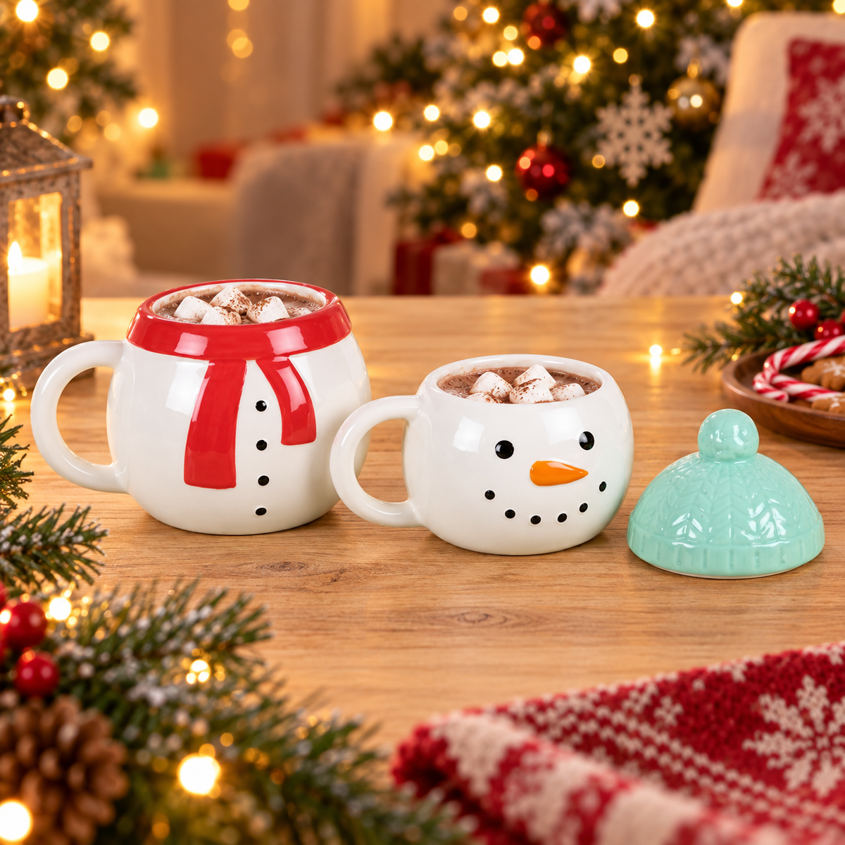 Christmas Snowman Mug Set for Two – Ceramic Hot Chocolate Mugs with Gift Box