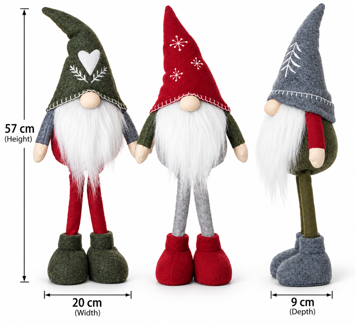 Christmas Nordic Gnome Decoration – Long Legged Standing Gonk – Red, Green or Grey – 57cm Festive Ornament