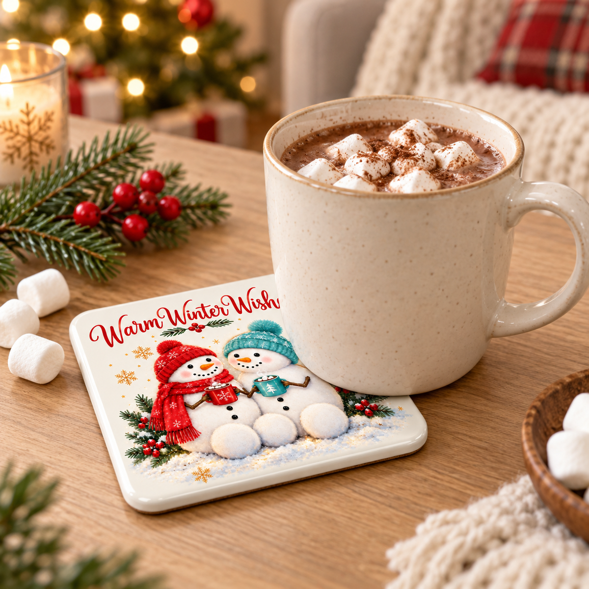 Warm Winter Wishes Snowman Ceramic Coaster – 10cm Square Cork-Backed Christmas Drinks Coaster