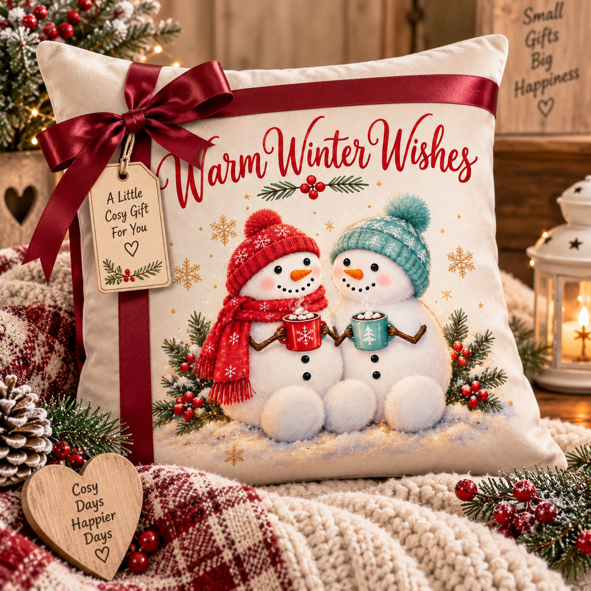 Warm Winter Wishes Snowman Soft Velour Cushion