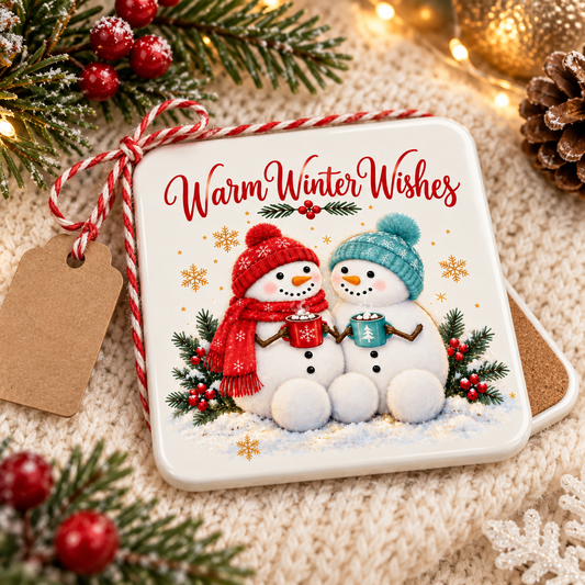Warm Winter Wishes Snowman Ceramic Coaster – 10cm Square Cork-Backed Christmas Drinks Coaster