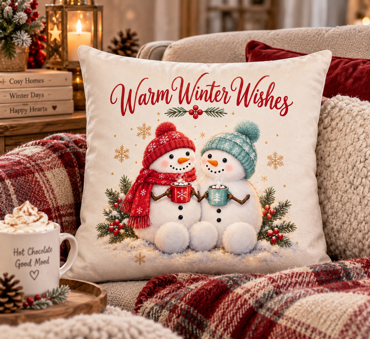 Warm Winter Wishes Snowman Soft Velour Cushion
