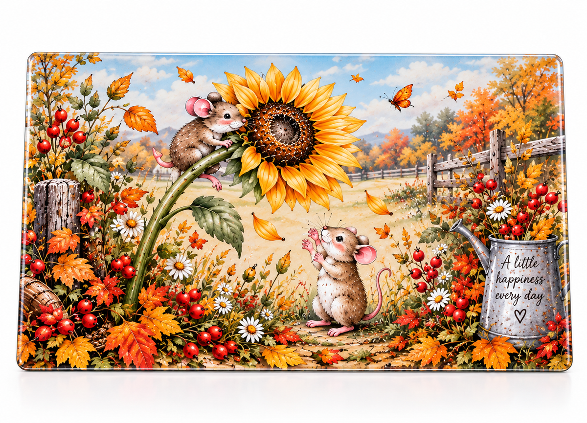 The Sunflower Thief – Autumn Mouse Glass Chopping Board – 28 x 39cm Woodland Kitchen Worktop Saver