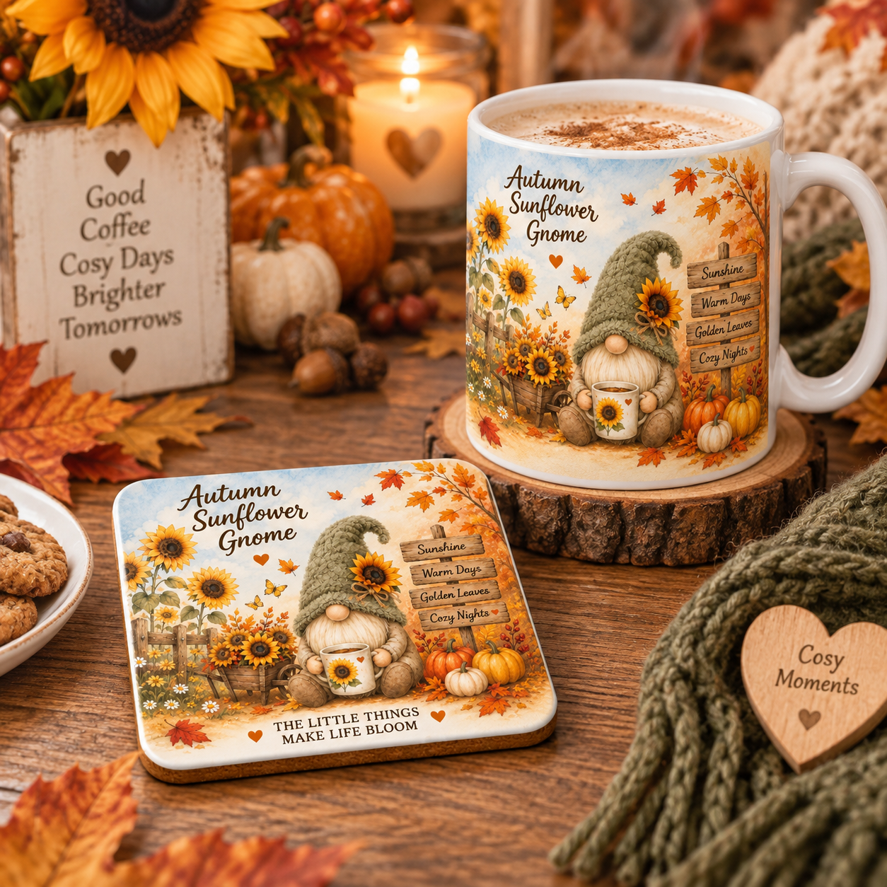 Autumn Sunflower Gnome Ceramic Coaster