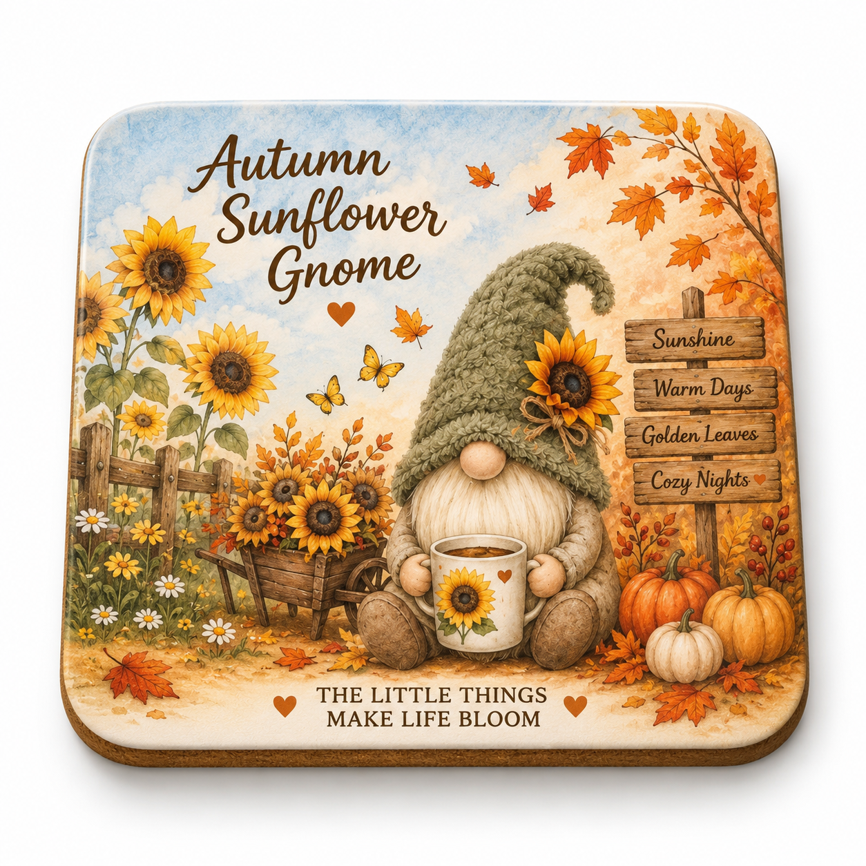 Autumn Sunflower Gnome Ceramic Coaster