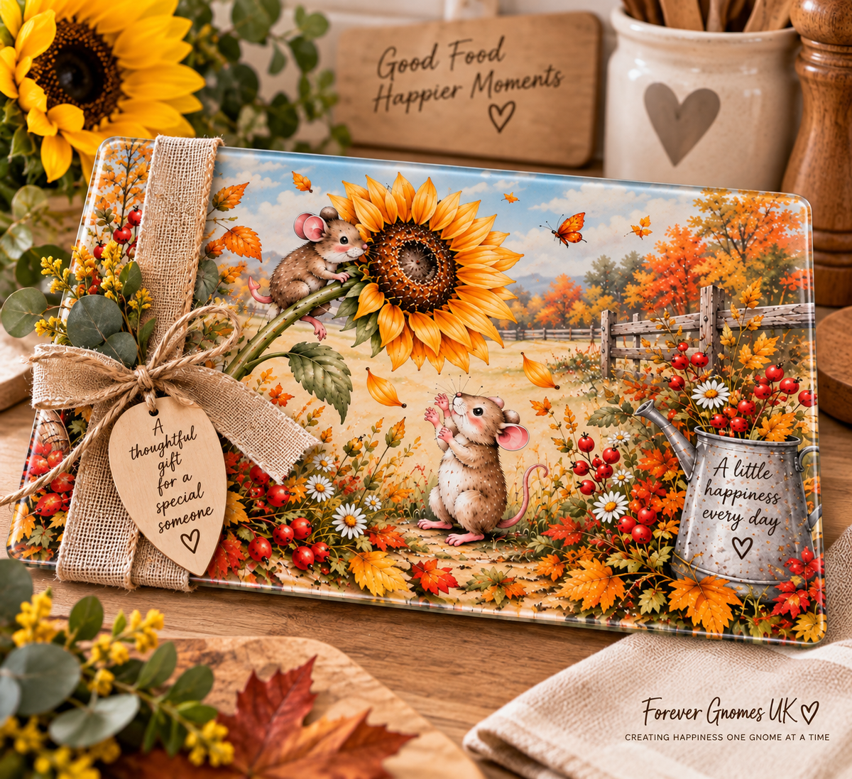 The Sunflower Thief – Autumn Mouse Glass Chopping Board – 28 x 39cm Woodland Kitchen Worktop Saver