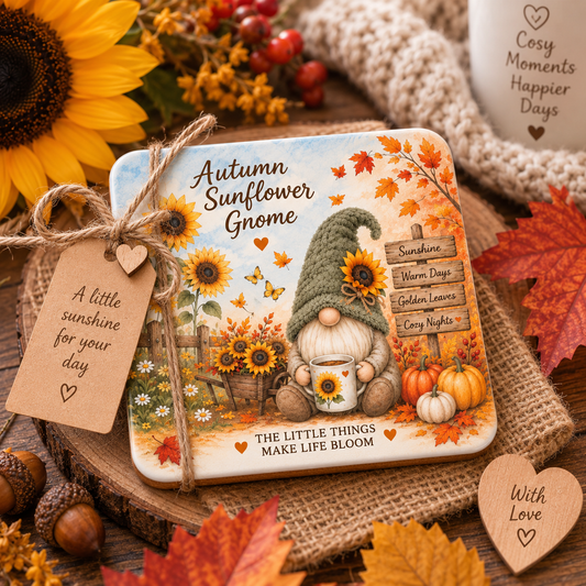 Autumn Sunflower Gnome Ceramic Coaster