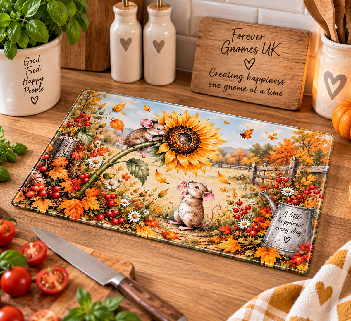The Sunflower Thief – Autumn Mouse Glass Chopping Board – 28 x 39cm Woodland Kitchen Worktop Saver