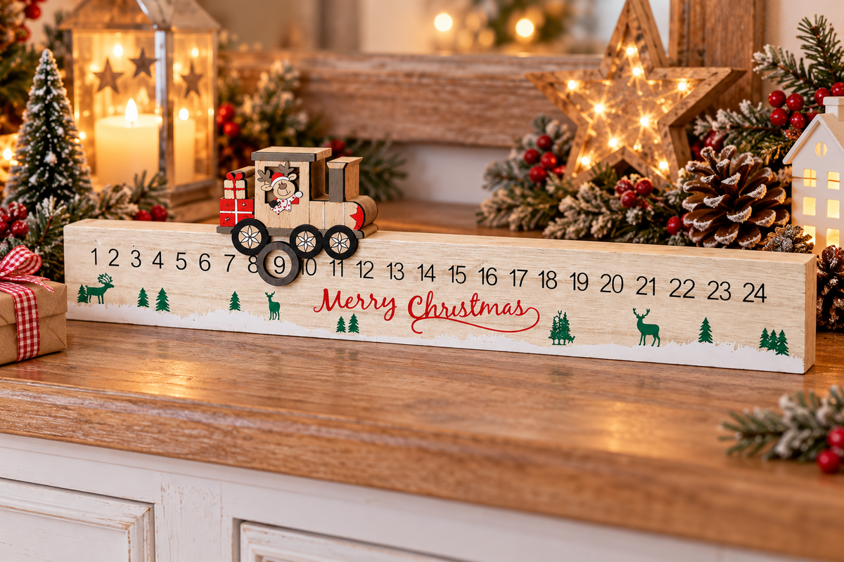 Wooden Christmas Countdown Calendar – Reindeer Train Advent Decoration – 40cm