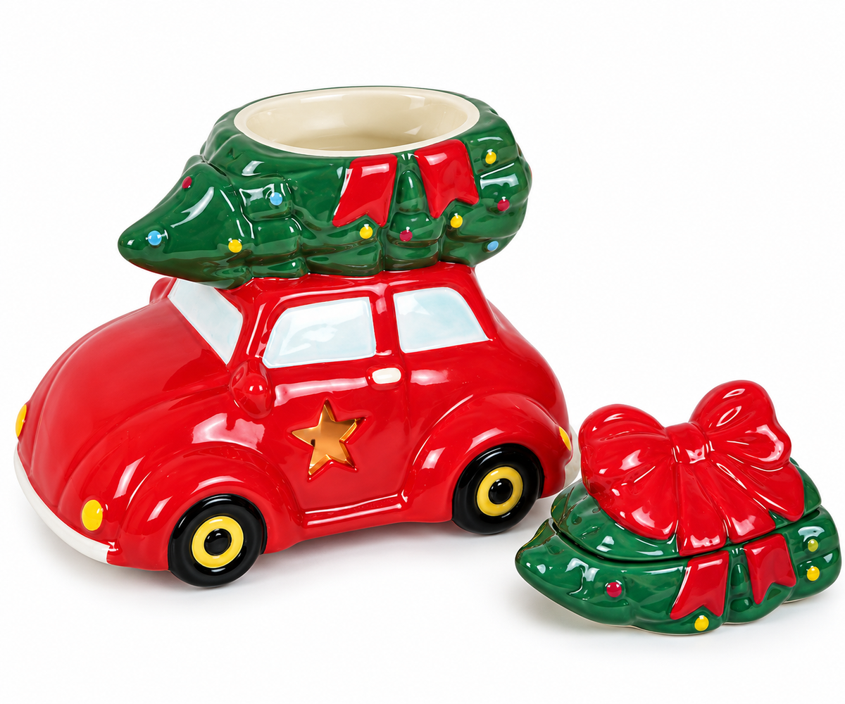 Christmas Car Oil Burner – Ceramic Red Car with Christmas Tree – Festive Tealight Burner – Christmas Home Decoration