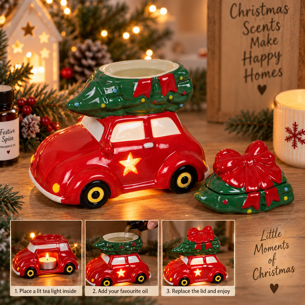 Christmas Car Oil Burner – Ceramic Red Car with Christmas Tree – Festive Tealight Burner – Christmas Home Decoration