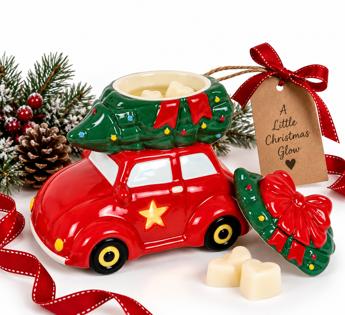Christmas Car Oil Burner – Ceramic Red Car with Christmas Tree – Festive Tealight Burner – Christmas Home Decoration